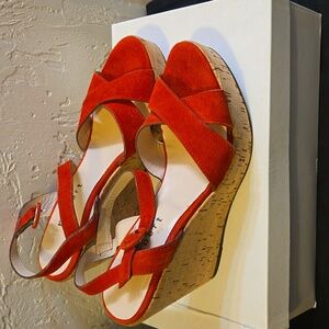 J Gilbert Red Suede Italian Wedge Sandals NIB